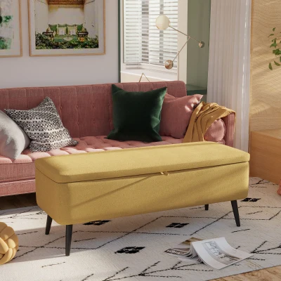 HOMCOM Banco de Armazenamento Estofado em Linho com Tampa Abatível e Pés de Aço Carga Máxima 150kg 101x38,5x44,5 cm Amarelo