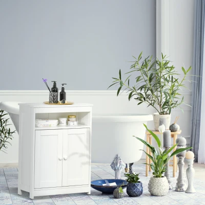 HOMCOM Armario Auxiliar de Baño con 2 Puertas Estante Interior Ajustable y Compartimento Abierto Mueble de Baño para Salón Cocina 60x30x80 cm Blanco