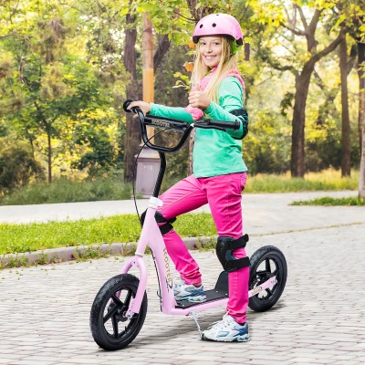 HOMCOM Tretroller, Scooter für Kinder, mit Handbremse, Ständer, 12 Zoll Räder, ab 5 Jahren, Stahl, Rosa 120 x 52 x 88 cm