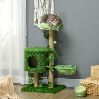 PawHut Árvore Arranhador para 1-2 Gatos com Caverna Cama Rede Poste de Juta e Bola Suspensa 50x40x91 cm Verde