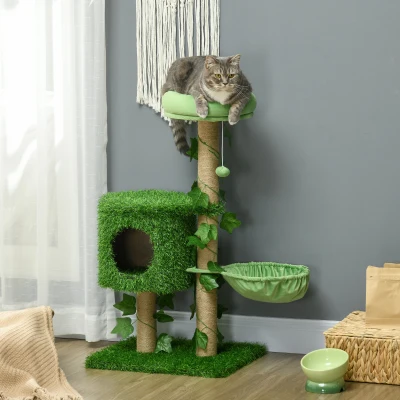 PawHut Árvore Arranhador para 1-2 Gatos com Caverna Cama Rede Poste de Juta e Bola Suspensa 50x40x91 cm Verde