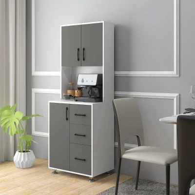 HOMCOM Modern Kitchen Cupboard with Storage Cabinets, 3 Drawers and Open Countertop for Living Room, Grey