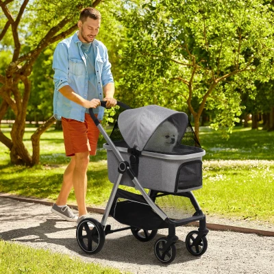 PawHut hondenkar, 2-in-1 hondenwagen, draagtas, opvouwbare hondenbuggy, grijs