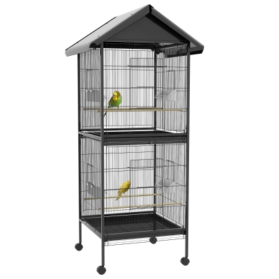 PawHut Gaiola para Pássaros Convertível em Somente Uma com Rodas 4 Comedouros e 4 Poleiros e Bandejas Amovíveis 78x75x168 cm Preto