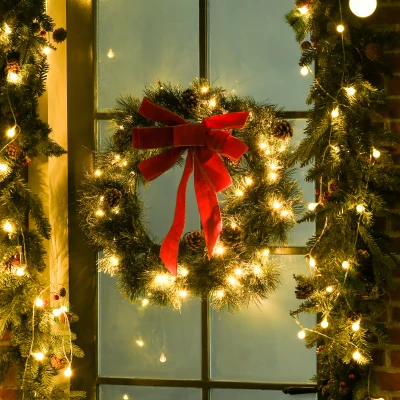 HOMCOM Couronne Noël 60cm LED Pommes Pin Ruban Rouge