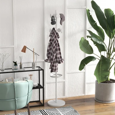 HOMCOM Cabide de Pé com Suporte para Guarda Chuvas Cabide de Pé para Roupas de Metal com 12 Ganchos Ø34x177 cm Branco