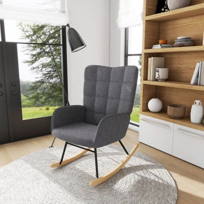 HOMCOM Berber Fleece Nursery Glider Rocker for Nursing, Wingback Rocking Chair for Living Room, Dark Grey