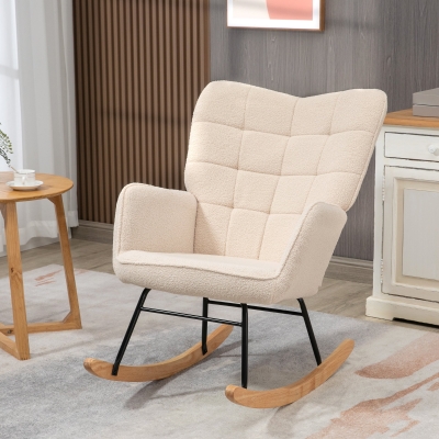 HOMCOM Retro Fotel Bujany, Drewno Lite, Fotel relaksacyjny, 92 cm x 71 cm x 101 cm, Beżowy