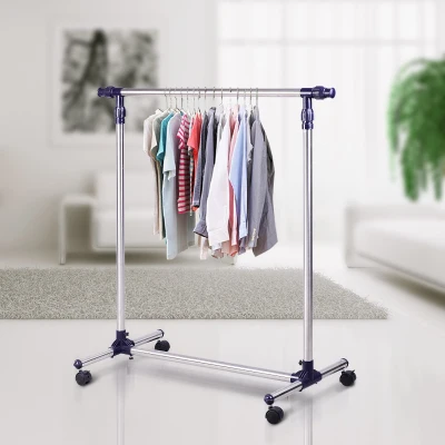 HOMCOM Garderobenständer Kleiderständer mit Rollen Höhenverstellbare und Ausziehbare Kleiderstange Wäscheständer Freistehender Garderobe für Eingangsbereich Edelstahl 86 x 45 x 95 cm