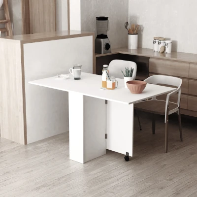 HOMCOM Mesa de Sala de Jantar Dobrável Mesa de Madeira com 2 Prateleiras de Armazenamento e Rodas para Cozinha 75x140x74 cm Branco