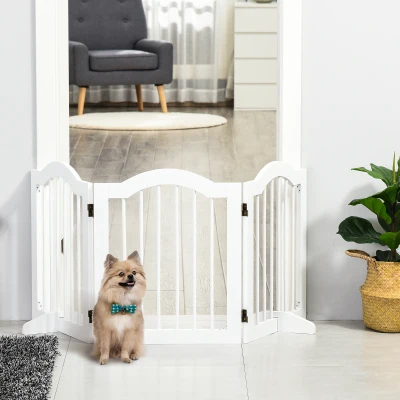PawHut Absperrgitter Hund 3-teilig, 154,5 x 61 cm Faltbar Hundegitter mit Tür, Türschutzgitter mit 2 Stützfüßen, Freistehend Treppengitter für Küche, Flur, Weiß