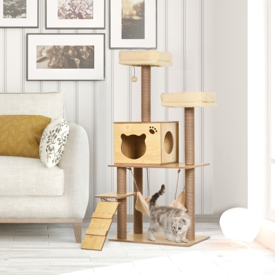 PawHut Arranhador para Gatos com Poste de Arranhar de Juta 2 Camas Rede Caverna Bola Suspensa Rede e Rampa 60x40x130 cm Madeira
