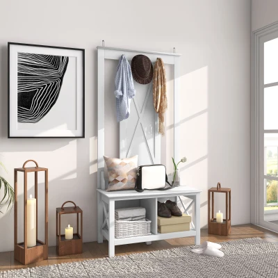 HOMCOM Móvel Cabide de Entrada de Madeira Móvel de Entrada com Banco 2 Prateleiras e 3 Ganchos para Pendurar 80,5x40x168 cm Branco