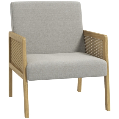 HOMCOM Accentstoel, armleuningen in rotanlook, brede zitting, natuurhouten frame, Boho-design, grijs, 65,5 x 72 x 78 cm
