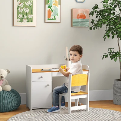 ZONEKIZ Banco e Sedia per Bambini da 3-6 Anni con Cassetto Bianco