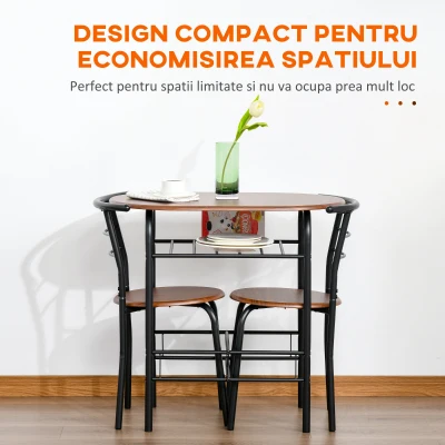 HOMCOM Set de Pranz 3 Piese Masa cu 2 Scaune Maro Lemn si Negru(m-6)