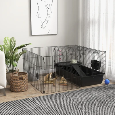 PawHut Small Animal Cage with Removable Play Area, Playpen with Hutch, incl. Accessories, Black