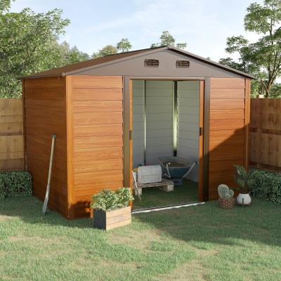 Outsunny Abrigo de Jardim 4,84m² 278x195x215 cm Abrigo de Jardim com 2 Portas de Correr e 4 Janelas de Ventilação Madeira e Marrom