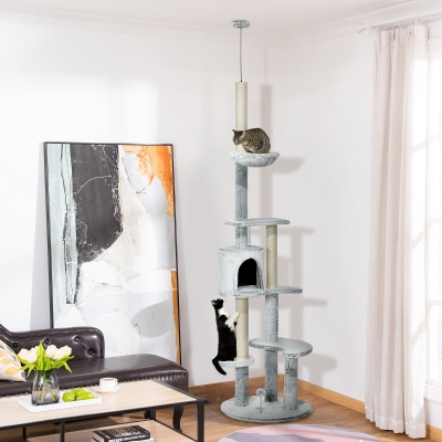PawHut Arranhador para Gatos de Teto com Altura Ajustável Caverna Plataformas Rede Postes de Arranhar e Bolas Suspensas Ø60x225-255 cm Cinza