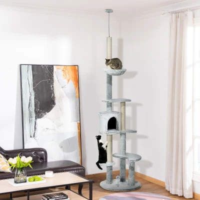 PawHut Arranhador para Gatos de Teto com Altura Ajustável Caverna Plataformas Rede Postes de Arranhar e Bolas Suspensas Ø60x225-255 cm Cinza