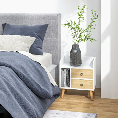 HOMCOM Chevet table de nuit design scandinave 2 tiroirs niche plateau pieds effilés inclinés bois massif chêne clair blanc