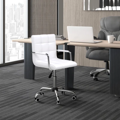 Vinsetto Office Chair, Makeup Vanity Chair, Mid Back Computer Chair, PU Leather Swivel Study Chair with Adjustable Height, Armrest and Rolling Wheels, White