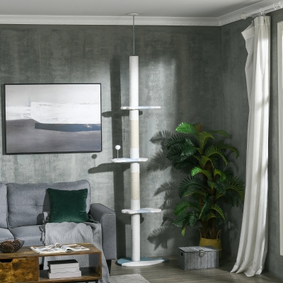 PawHut Arranhador para Gatos do Chão do Teto com Altura Ajustável 3 Plataformas em Forma de Onda Postes de Arranhar e 1 Bola 55x38x225-255 cm Branco