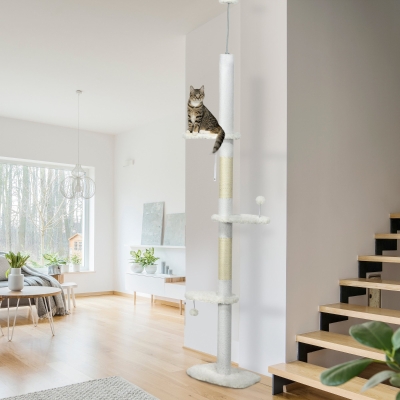 PawHut Arranhador para Gatos do Chão ao Teto com Altura Ajustável e 3 Plataformas em Forma de Nuvem 48x32x225-255 cm Branco