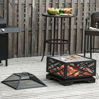 Outsunny Outdoor Metal Fire Pit Brazier w/ Grill Shelf, Lid, Poker for Camping, BBQ, 2 in 1, 66 x 66 x 66cm, Black