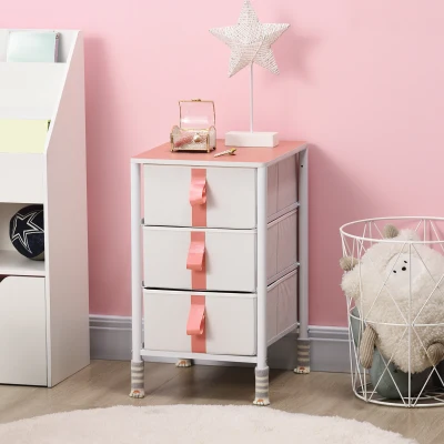 HOMCOM 3 Drawer Chest of Drawers, Fabric, Metal Frame and Wooden Top, Storage Cabinet for Kids Room, Living Room, Pink