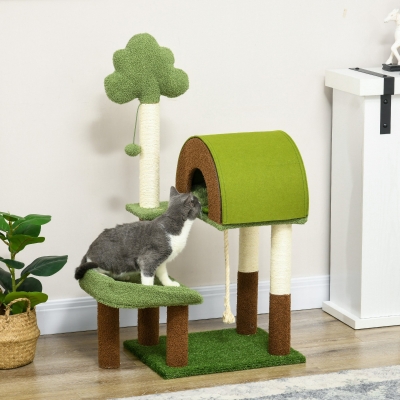 PawHut Arranhador para Gatos para Gatos com Caverna Cama Poste de Sisal Relva Artificial e Bola Suspensa 49x40x107 cm Verde