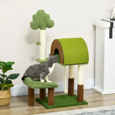 PawHut Arranhador para Gatos para Gatos com Caverna Cama Poste de Sisal Relva Artificial e Bola Suspensa 49x40x107 cm Verde