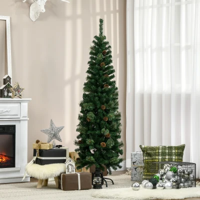 HOMCOM 5.5FT Tall Pencil Slim Artificial Christmas Tree with Realistic Branches, Tip Count and Pine Cones, Pine Needles Tree, Xmas Decoration, Green
