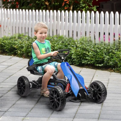 HOMCOM Go Kart Elétrico para Crianças Kart a Bateria 12V Velocidade Ajustável 3-5 km/h e Cinto de Segurança 100x58x58,5 cm Azul