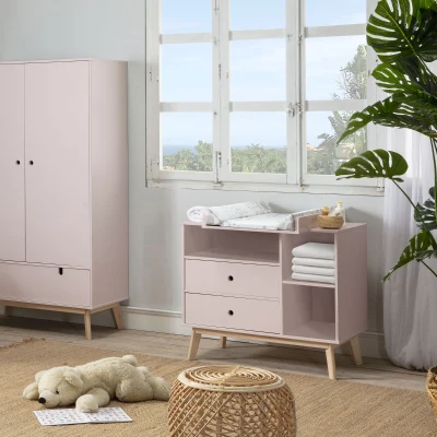 HOMCOM Commode Enfant 2 Tiroirs 3 Niches Rose Bois Pin