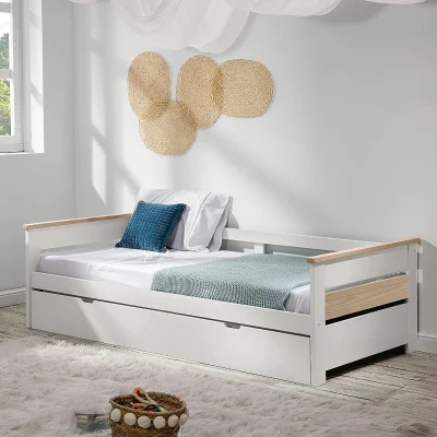 [Marque] Lit Gigogne Enfant Bois Clair avec Tiroir et Sommiers Blanc