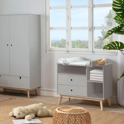 HOMCOM Commode Enfant 2 Tiroirs 3 Niches Gris Bois Pin