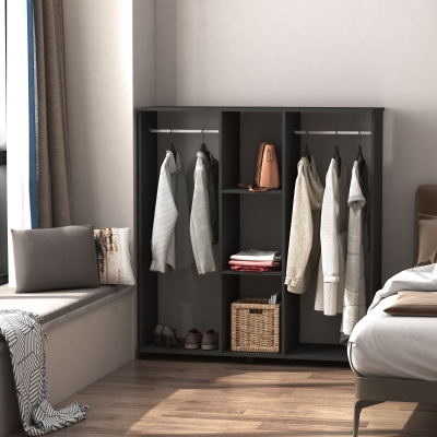 HOMCOM Roupeiro de Madeira Móvel Armário Roupeiro Aberto com 2 Barras para Pendurar e 3 Prateleiras Organizadoras 120x40x128cm Preto