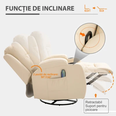 HOMCOM Fotoliu cu Masaj si Incalzire, Fotoliu Rabatabil din Imitatie de Piele cu 8 Puncte de Masaj si Telecomanda, 85x94x104cm, Bej(m-6)
