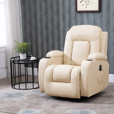 HOMCOM Fotoliu cu Masaj si Incalzire, Fotoliu Rabatabil din Imitatie de Piele cu 8 Puncte de Masaj si Telecomanda, 85x94x104cm, Bej(m-2)