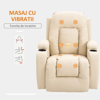HOMCOM Fotoliu cu Masaj si Incalzire, Fotoliu Rabatabil din Imitatie de Piele cu 8 Puncte de Masaj si Telecomanda, 85x94x104cm, Bej(m-4)