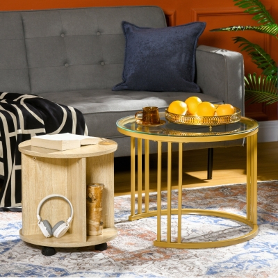 Set de 2 Mese de Cafea Rotunde Auriu-Stejar