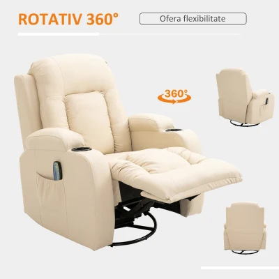 HOMCOM Fotoliu cu Masaj si Incalzire, Fotoliu Rabatabil din Imitatie de Piele cu 8 Puncte de Masaj si Telecomanda, 85x94x104cm, Bej(m-5)