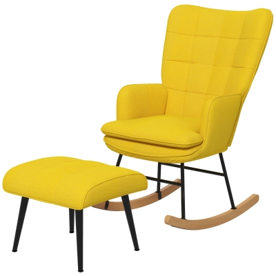 HOMCOM Rocking Chair with Ottoman Scandinavian Design Rocking Chair with Footstool, Beech Wood, Quilting, 64 cm x 89 cm x 90 cm Yellow
