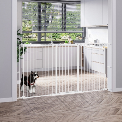 PawHut Barreira para Cães de Aço Barreira de Segurança para Animais de Estimação Dobrável de 3 Painéis Duplo Fechamento 206x90 cm Branco