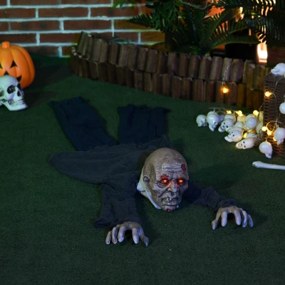 HOMCOM Dekoracja Halloween Zombie, LED Oczy, wydaje dźwięki i pełza, czujnik ruchu i dźwięku, zasilanie bateryjne, 159 cm