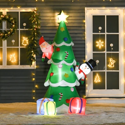 HOMCOM Aufblasbarer Weihnachtsbaum mit Weihnachtsmann Schneemann und Geschenkbox 210 cm Weihnachtsbeleuchtung LED Selbstaufblasend Polyester Grün 144 x 125 x 210 cm