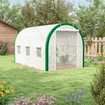 Outsunny Tunnel Greenhouse, Greenhouse, Zipper Doors, Mesh Windows, Metal Frame, 3.5 x 2 x 2m, White