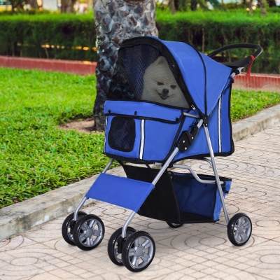 PawHut Pet Stroller for Small Miniature Dogs Cats Foldable Travel Carriage with Wheels Zipper Entry Cup Holder Storage Basket Blue