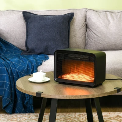 HOMCOM 800W/1600W Electric Fireplace, Freestanding or Tabletop Small Electric Stove with LED Flame Effect and Overheating Protection, Black